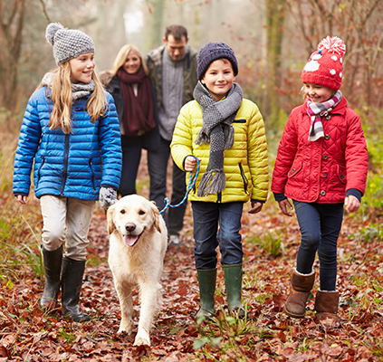 Family Walking Dog Through Winter Woodland